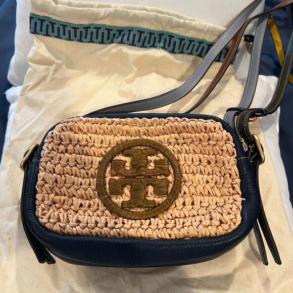 Tory Burch Perry Bombe Mini Crossbody Bag Royal Navy Raffia and Leather Bag - Picture 1 of 5